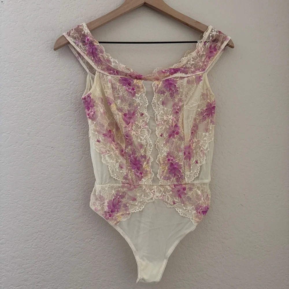 Free People Spring Soiree Printed Bodysuit Floral Lace Off the Shoulder Femme